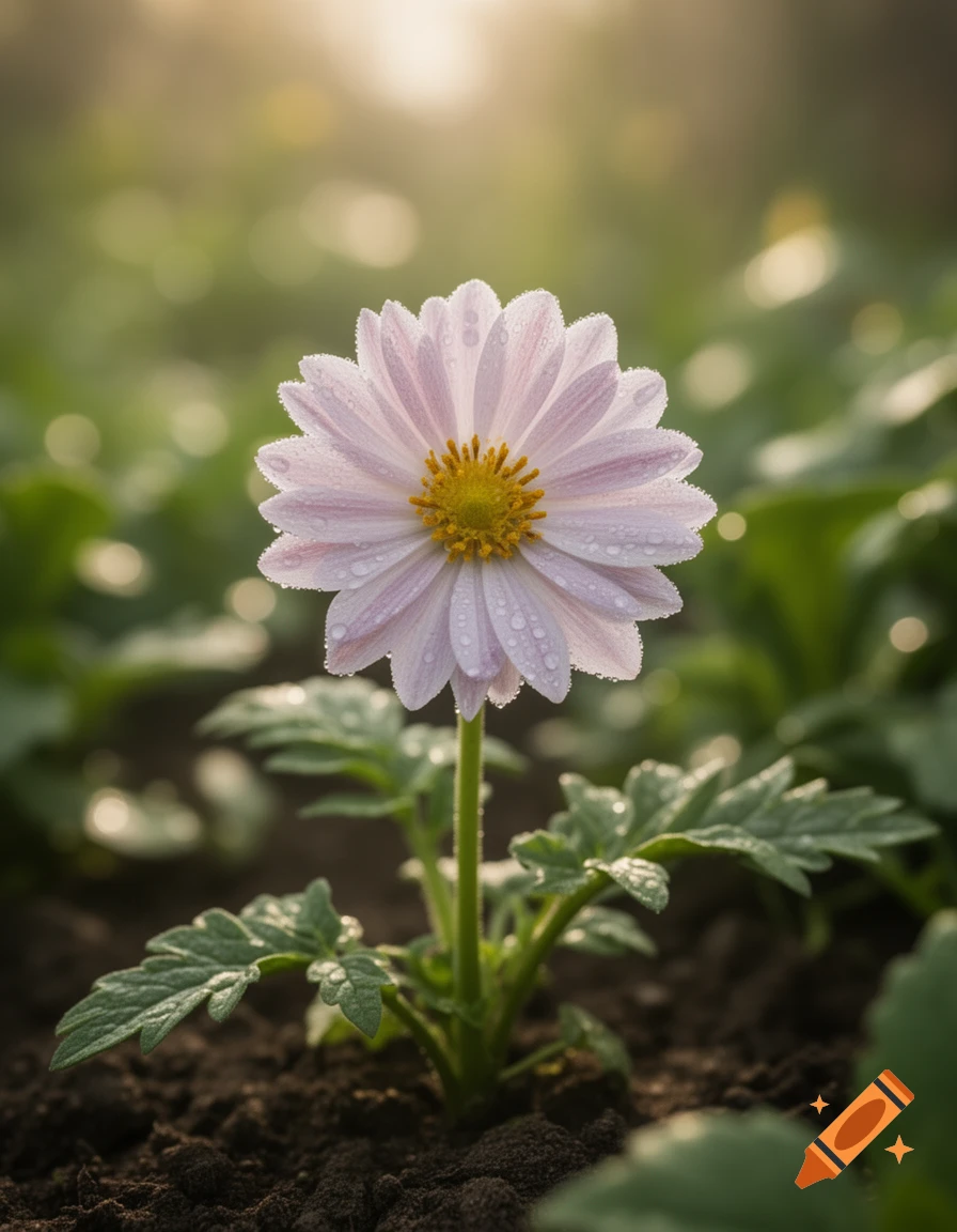 Close-up photorealistic shot of a single pink and white daisy covered in morning dew, with a soft-focus green background.