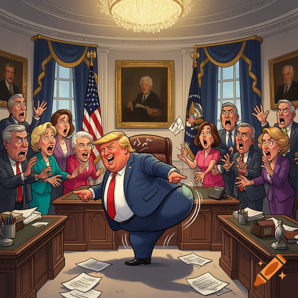 Cartoon caricature of Donald Trump bending over in the Oval Office, surrounded by shocked onlookers.
