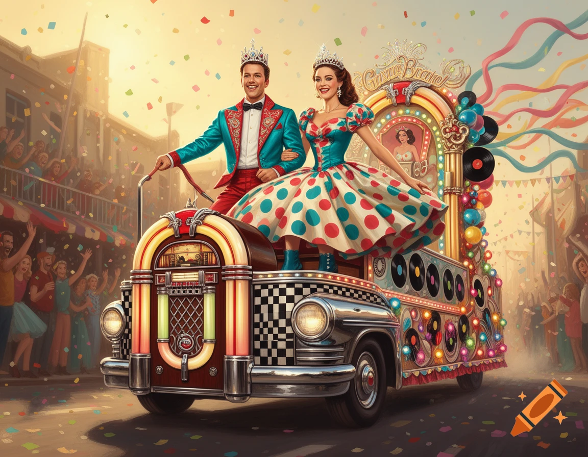 Vintage 1950s rockabilly carnival float featuring a smiling king and queen waving to a cheering crowd, decorated with a giant jukebox and vinyl records.