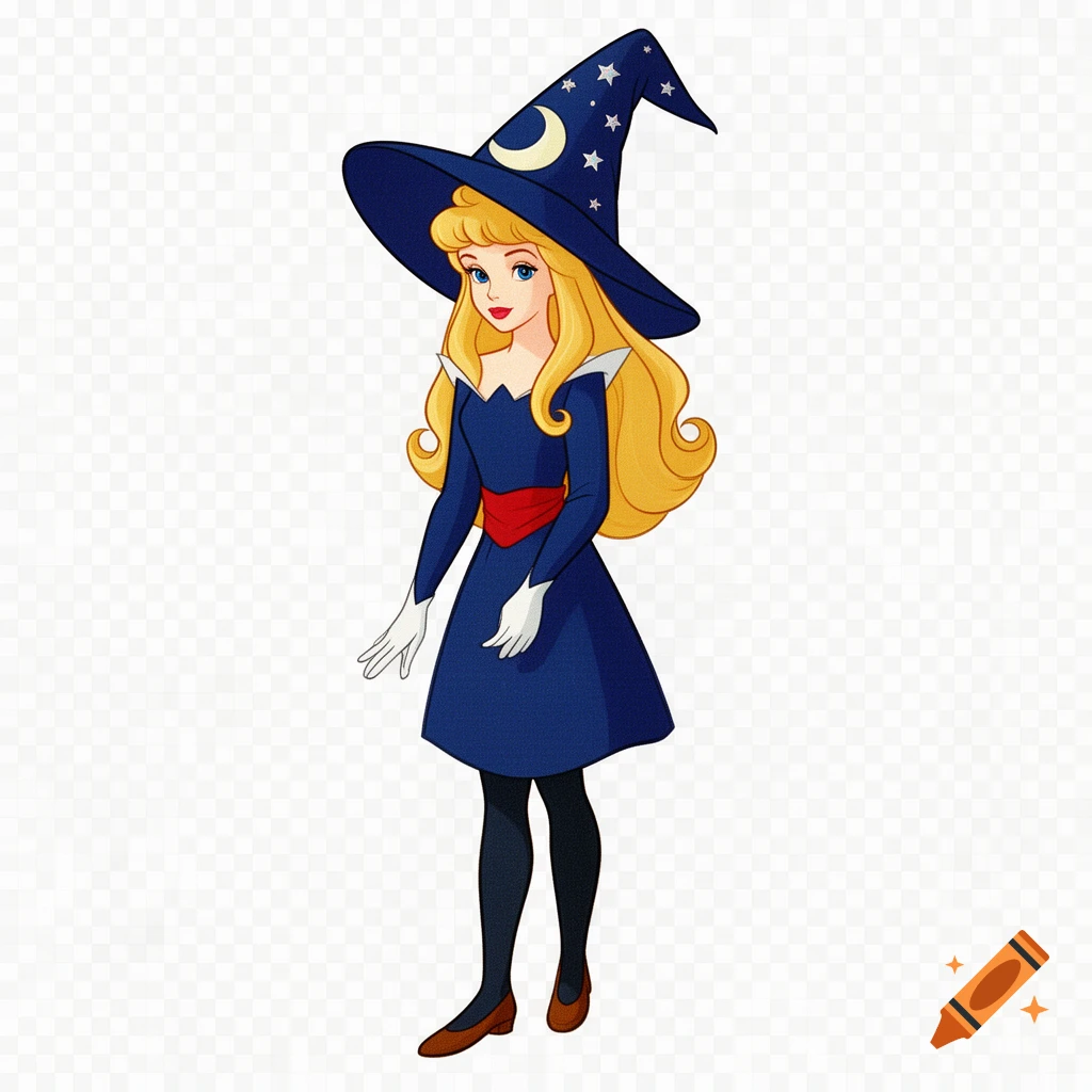 Princess Aurora in a blue Fantasia apprentice outfit with a star and moon pointed hat, cel-shaded style.