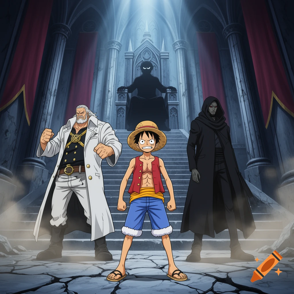 Anime style illustration of Luffy, Garp, and Dragon standing before a throne in a grand hall with a silhouetted figure.