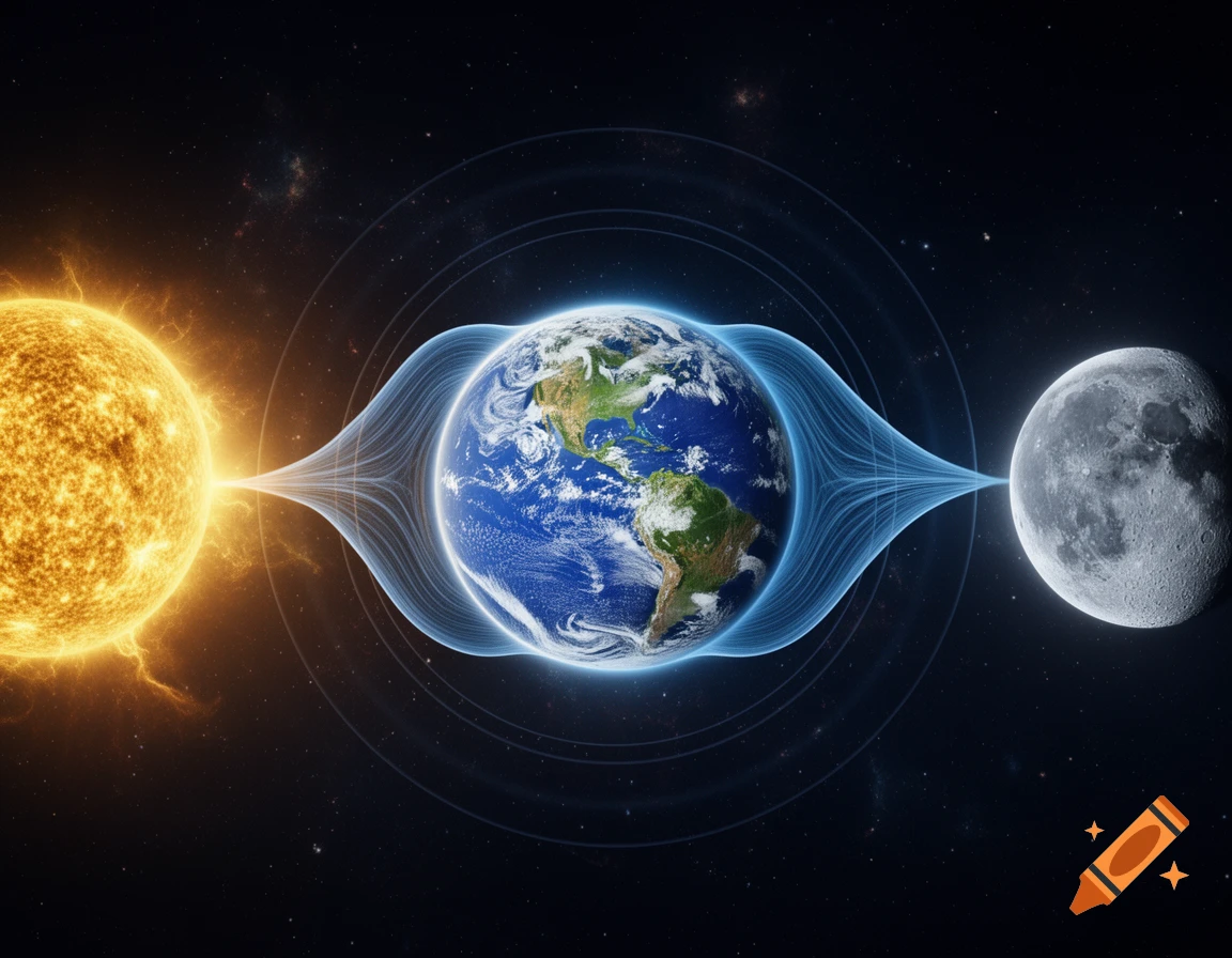 Photorealistic space scene showing the sun, Earth, and moon connected by glowing gravitational tidal forces against a starry background.