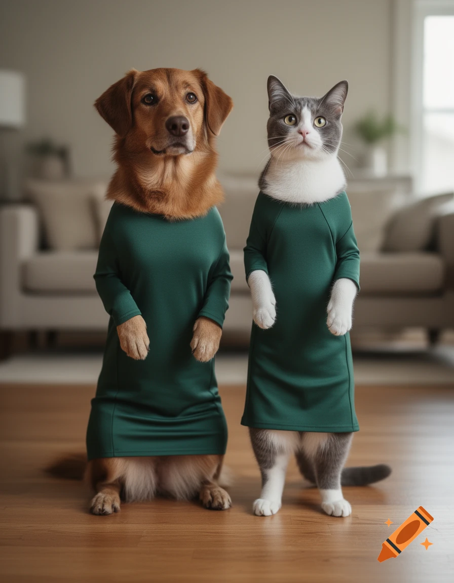 A golden retriever dog and a grey-and-white cat standing side by side wearing identical green dresses in a living room.