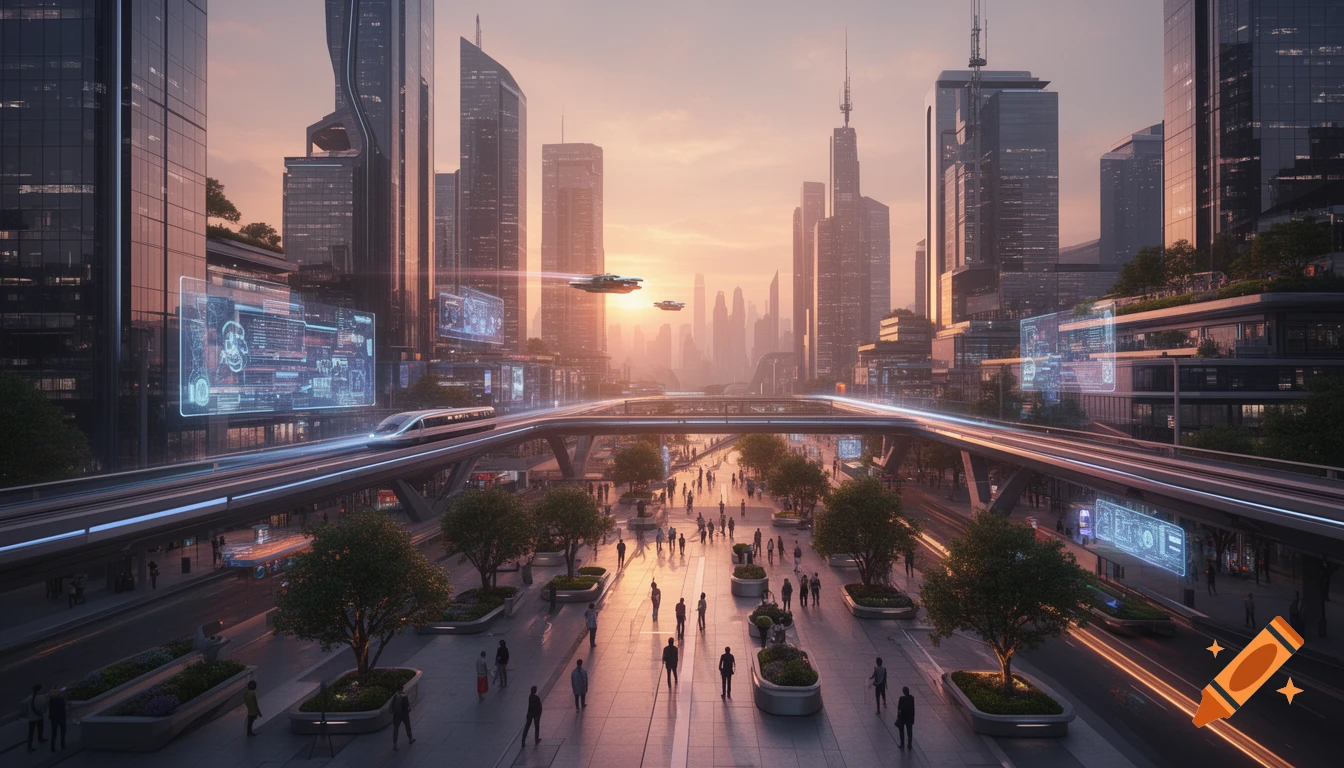 Futuristic cityscape at sunset with towering skyscrapers, a suspended maglev train, and pedestrians walking along a plaza.
