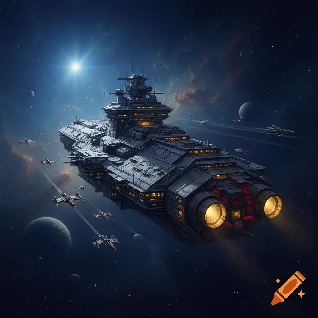 A large battleship and smaller fighter spacecraft flying through deep space with planets and stars in the background.