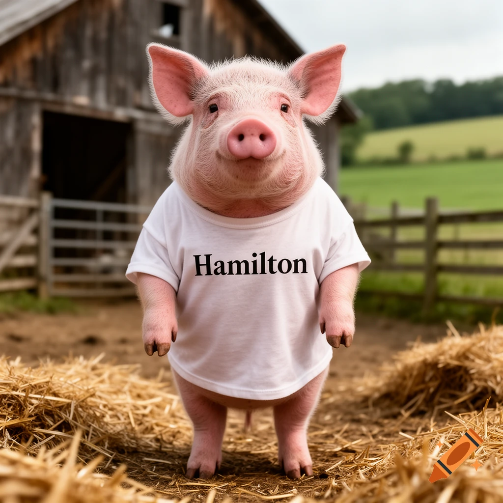 Photorealistic image of a pink pig standing upright on a farm in a white t-shirt with the text Hamilton.