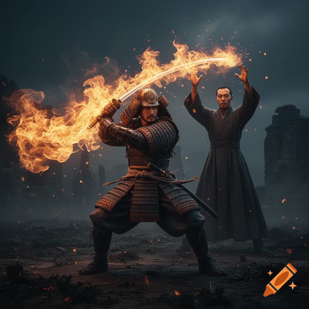 Photorealistic image of a samurai in armor holding a flaming katana, with a robed mage standing behind him in a desolate landscape.