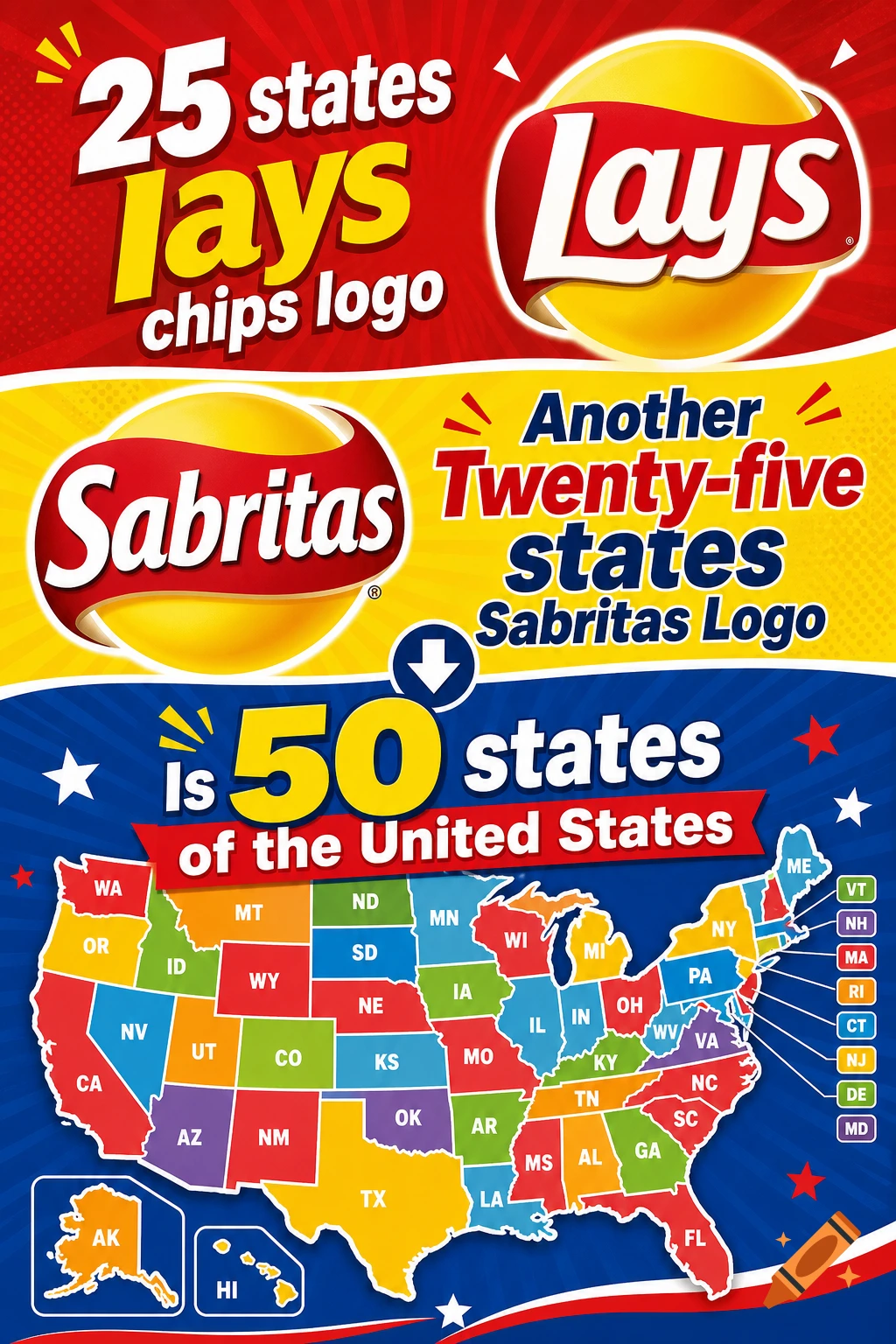 Colorful infographic of the United States map with state abbreviations and Lay's and Sabritas chip logos.