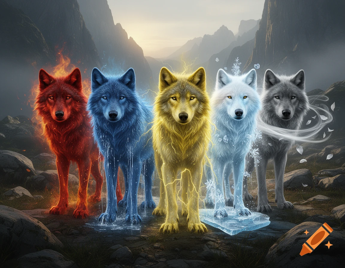 Five elemental wolf spirits representing fire, water, electricity, ice, and wind standing in a mountainous landscape, photorealistic.