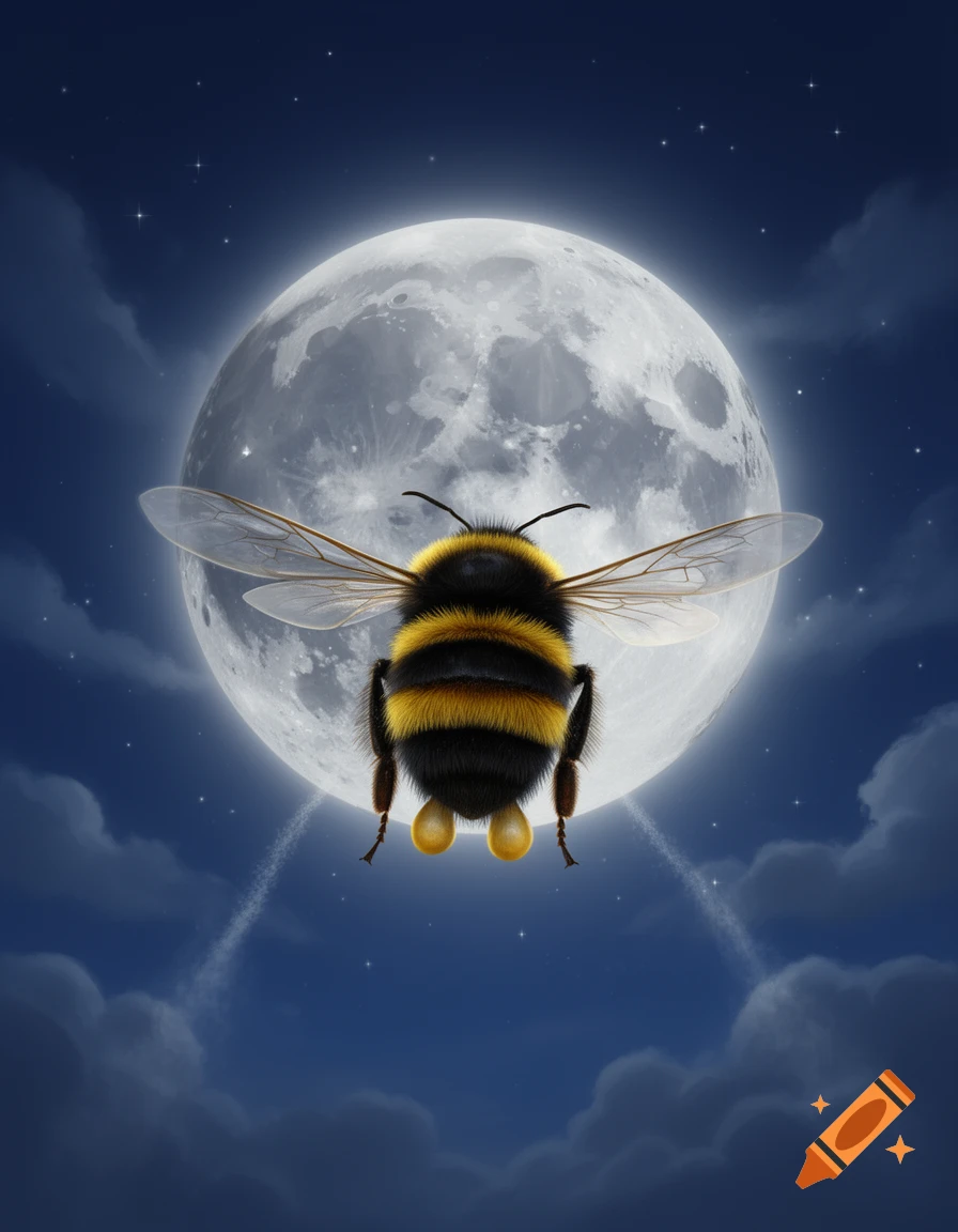 A stylized bumblebee flying against a large full moon in a starry night sky with clouds.
