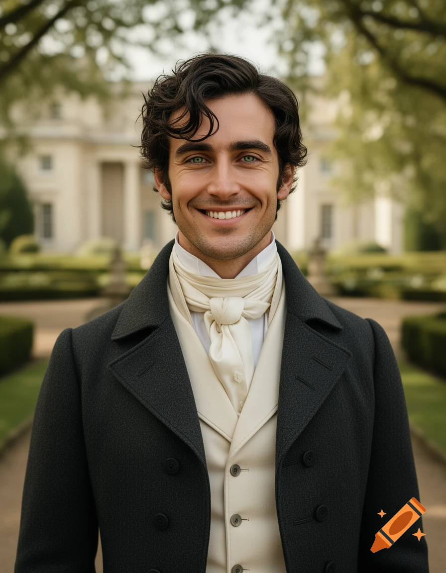 Photorealistic portrait of a smiling regency gentleman with dark wavy hair, green eyes, wearing a dark coat and cravat, in a garden.