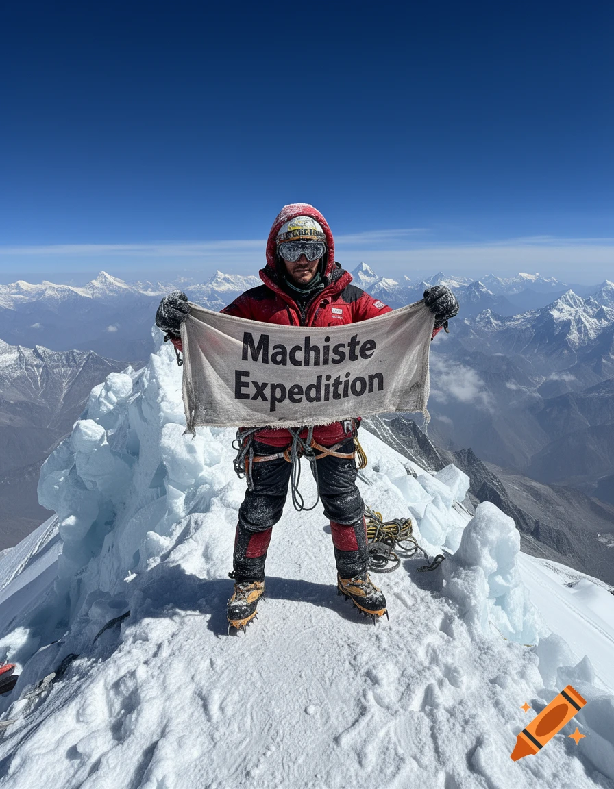 Photorealistic image of a mountaineer standing on the snowy summit of Mount Everest holding a banner that says Machiste Expedition.