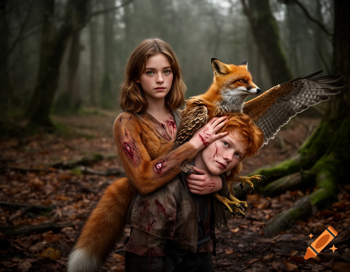 Photorealistic image of a teenage girl with fox features and a boy with falcon wings in a misty forest.