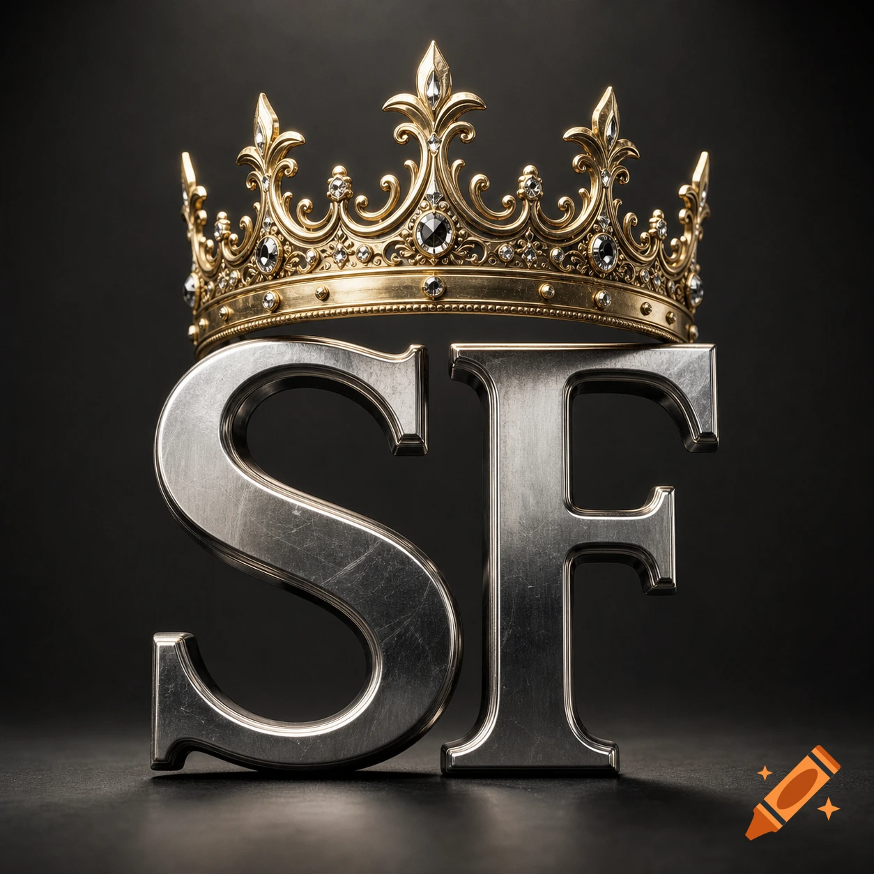 Glossy silver metal letters SF standing on a dark surface, topped with an ornate gold and diamond crown, photorealistic.