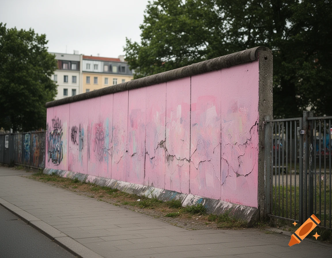 Photorealistic image of the Berlin Wall painted bright pink, with graffiti on the left section, situated next to a sidewalk and metal gate.