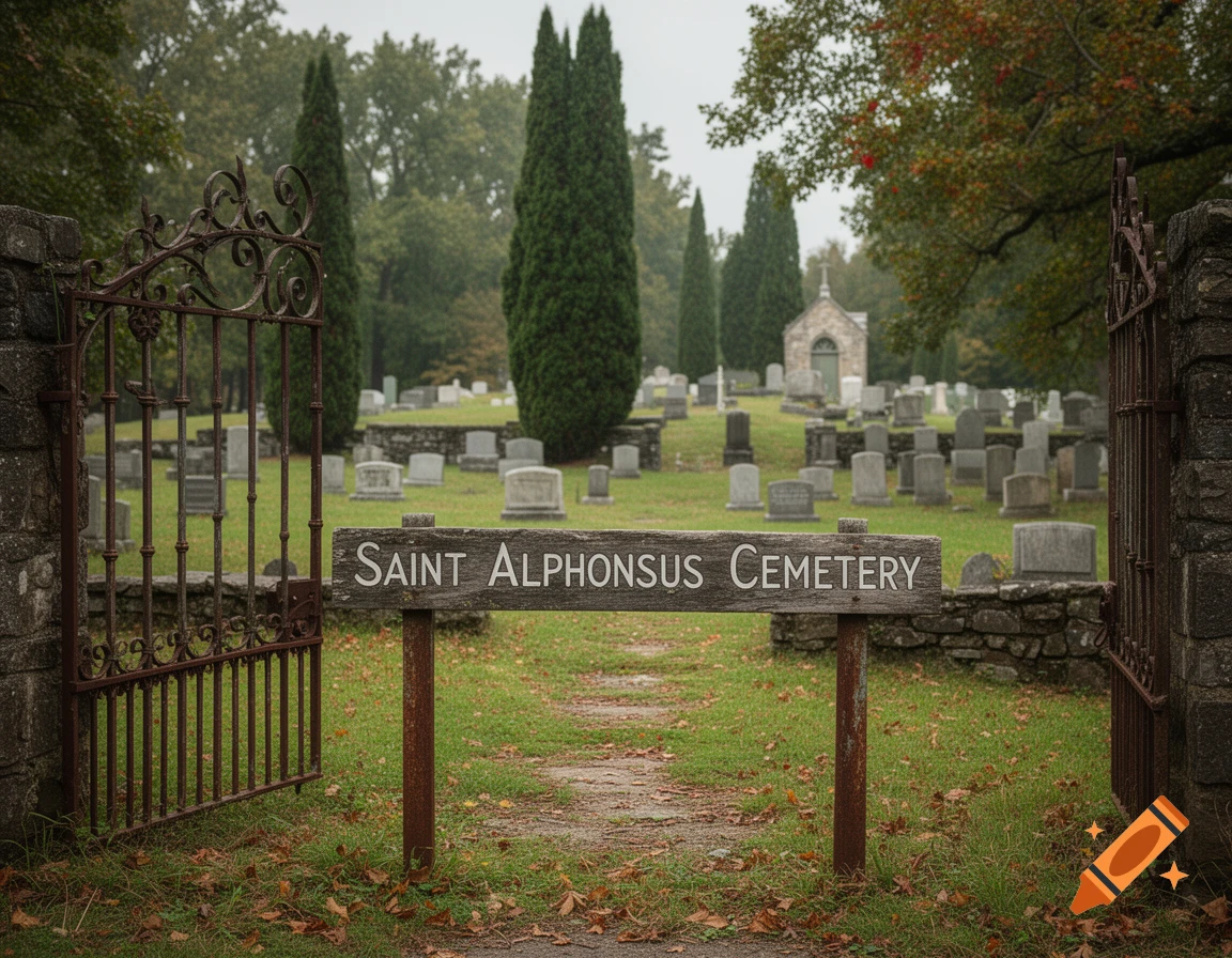 Photorealistic image of a cemetery entrance with an open rusty iron gate and a wooden sign reading Saint Alphonsus Cemetery.