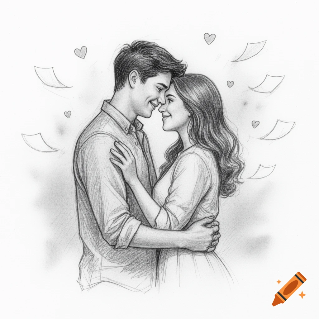 Pencil sketch of a young couple looking lovingly into each other's eyes with floating hearts and paper notes.