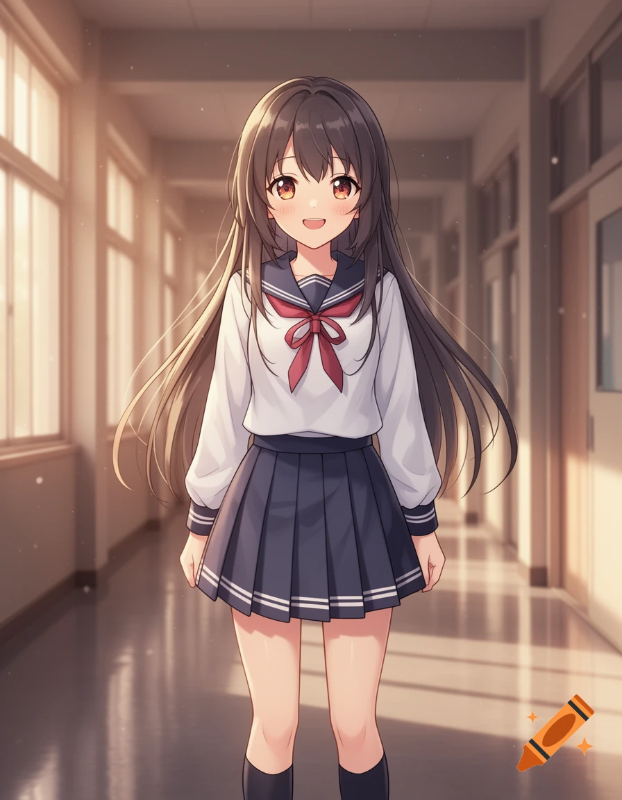 An anime-style schoolgirl with long dark brown hair smiling in a school hallway.