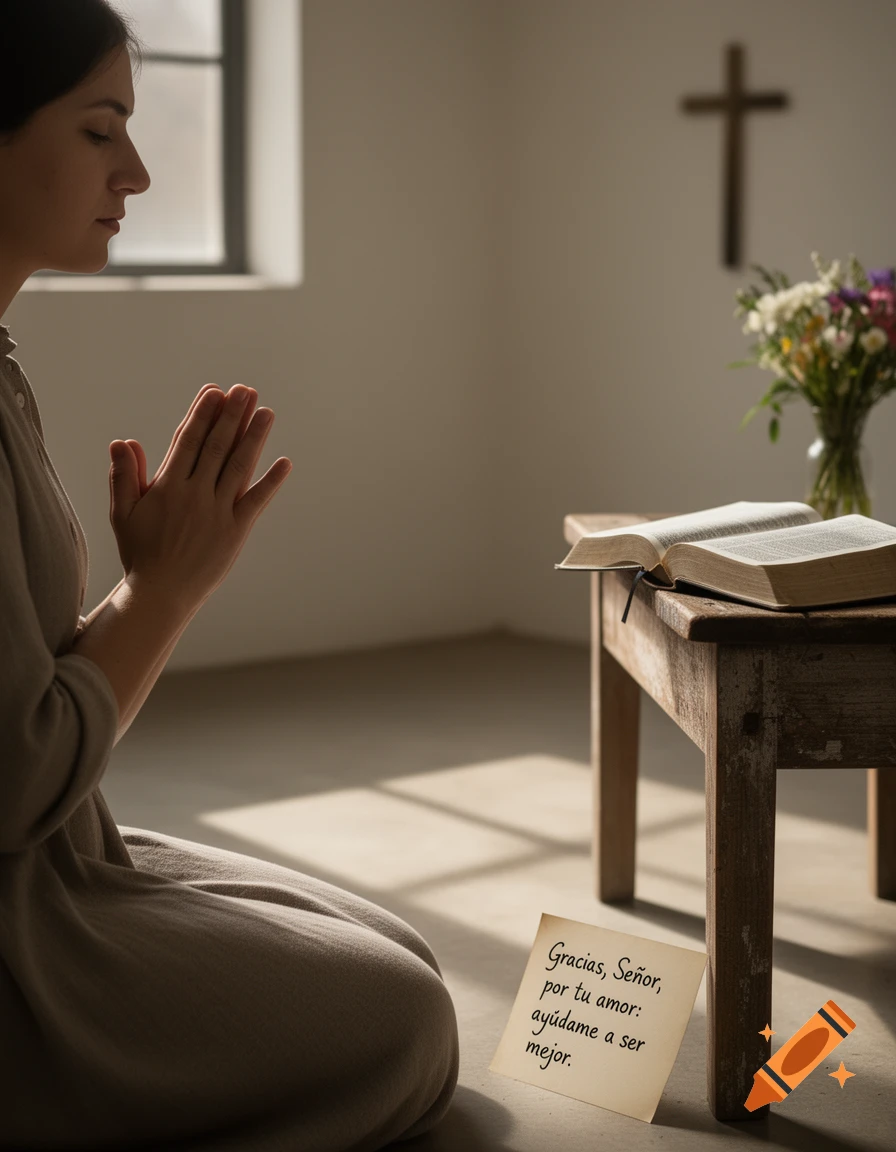 A woman kneeling with hands clasped in prayer next to a small wooden table with an open Bible, flowers, and a note reading 'Gracias, Señor'.