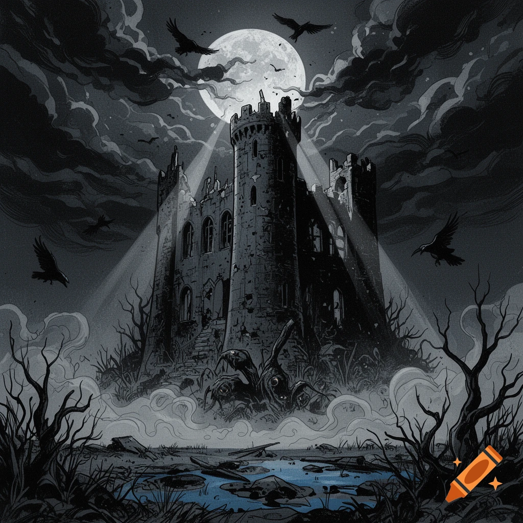 A dark comic style illustration of a spooky abandoned castle under a full moon, surrounded by bare trees, flying ravens, and a misty ground.
