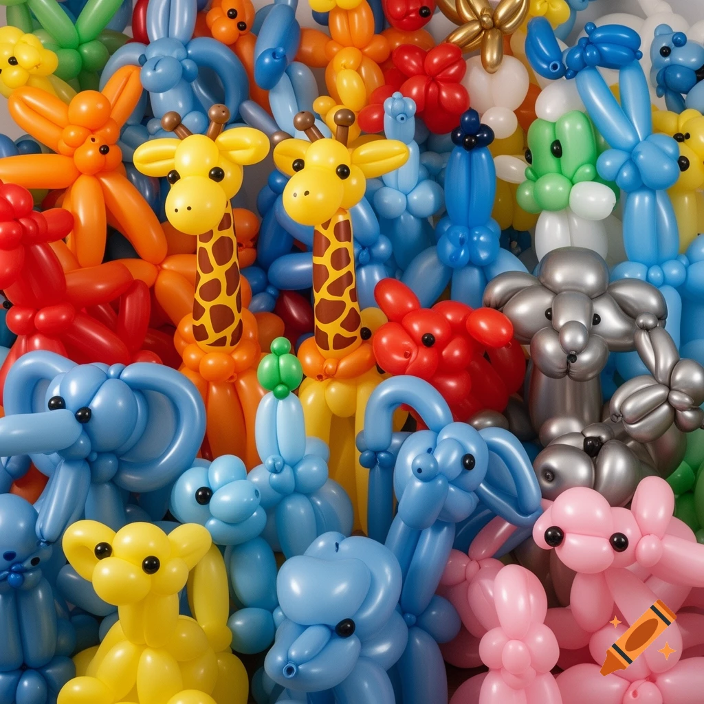 A close-up photograph of a dense cluster of colorful balloon animals, including giraffes and elephants.