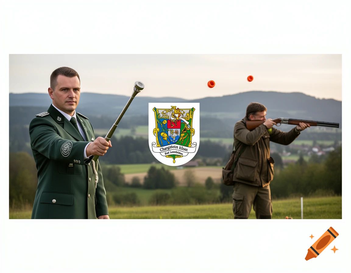 A man in traditional green uniform holding a decorated stick on the left, a coat of arms in the center, and a hunter shooting clay pigeons on the right.
