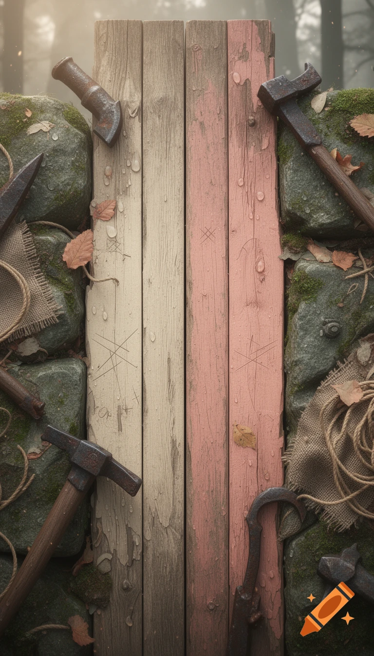 Vertical survival crafting livestream background featuring wooden planks, stone walls, tools, and ropes.