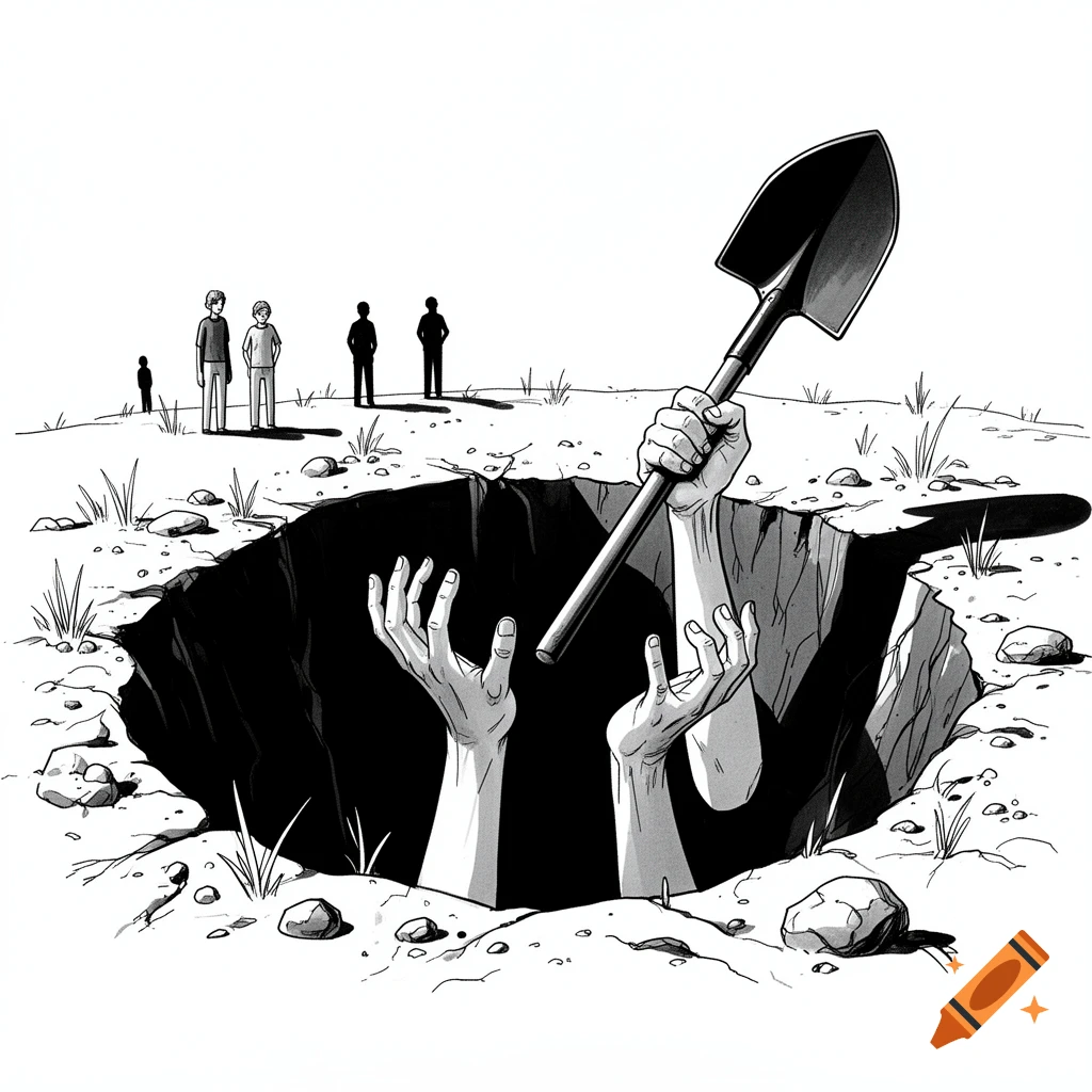 Black and white ink drawing of a deep hole in the ground with hands reaching out, holding a shovel, while figures watch in the background.