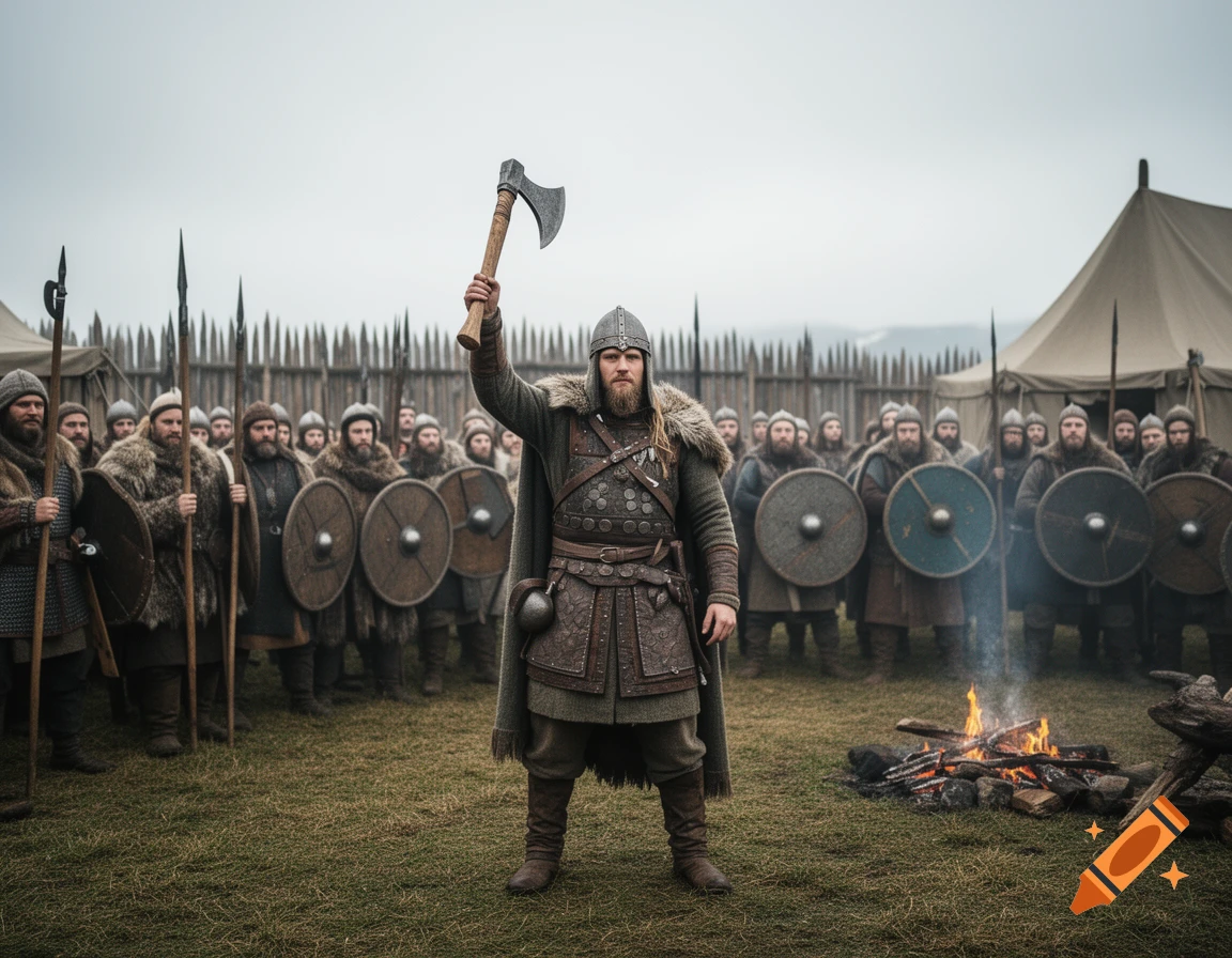 Photorealistic image of Ivar the Boneless holding an axe aloft in front of his viking men and a tent camp.