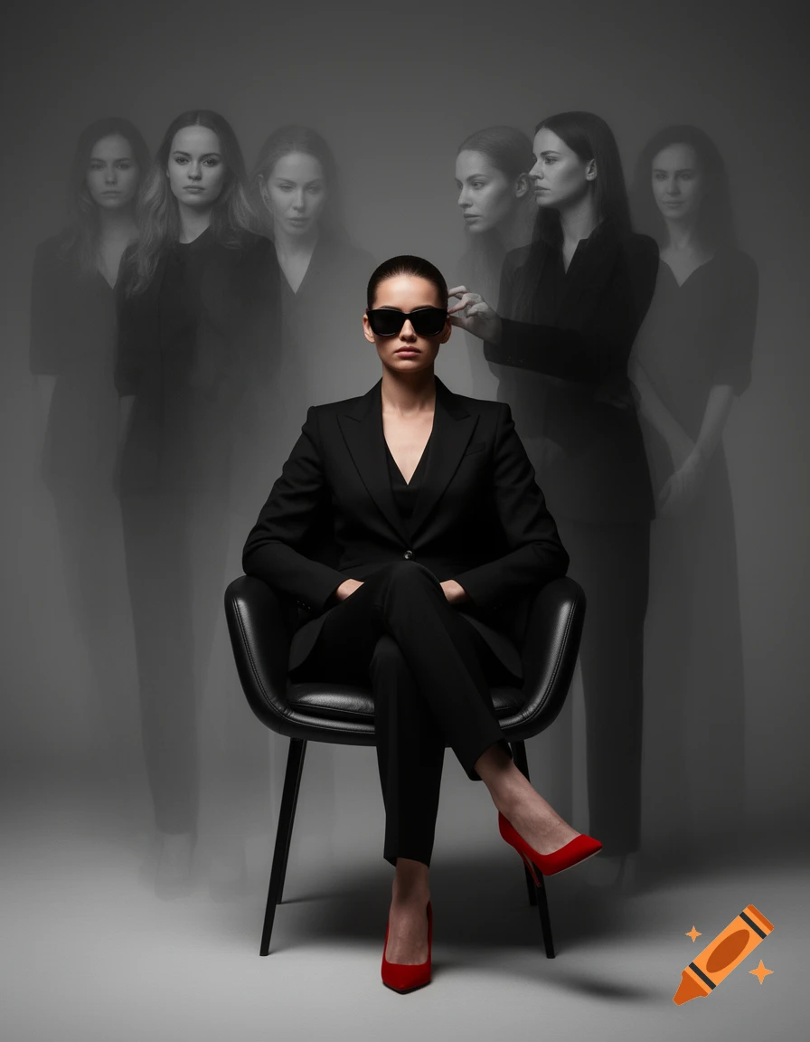 A photorealistic portrait of an elegant woman in a black suit and sunglasses, sitting in a chair, surrounded by ghostly figures.