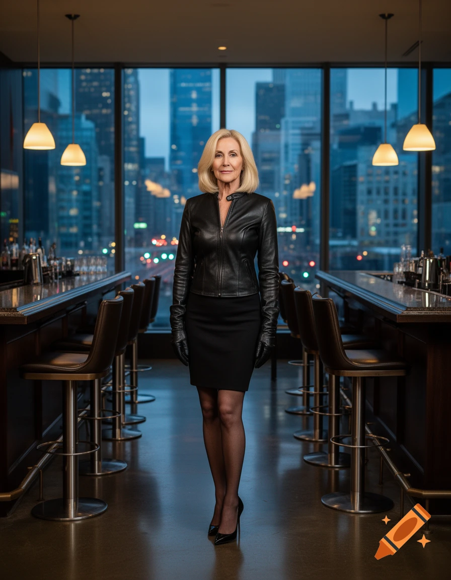 Photorealistic full-body shot of a mature blonde woman in a black leather jacket and miniskirt standing in a high-rise city view bar.