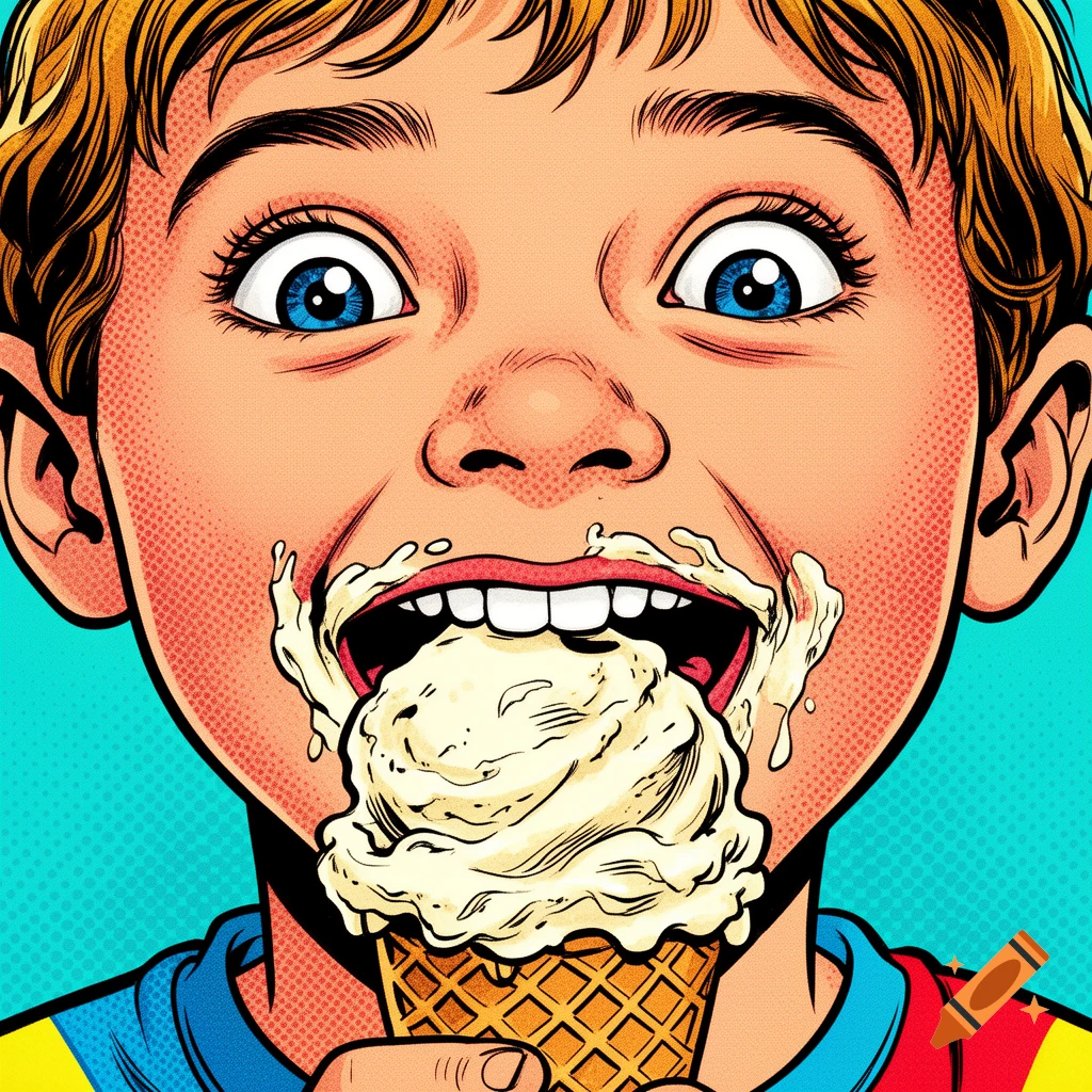 Close-up pop art illustration of a child with wide blue eyes eating a large ice cream cone.