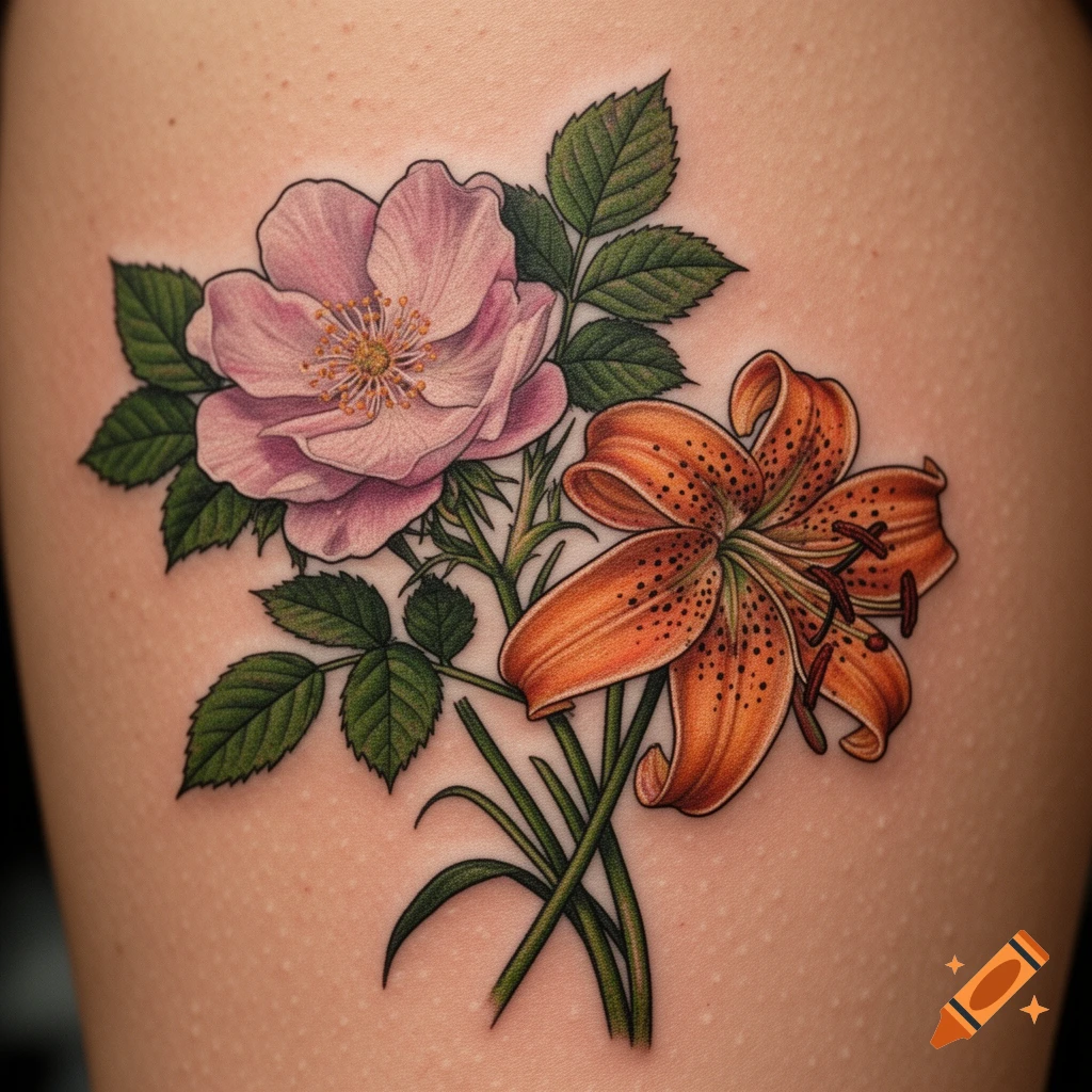 Close-up tattoo of a bouquet featuring a pink wild rose and an orange tiger lily on skin.