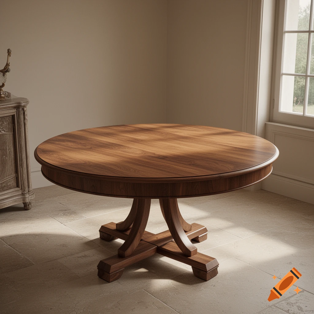 Photorealistic round wooden table with a pedestal base in a minimalist room with stone tile floors.