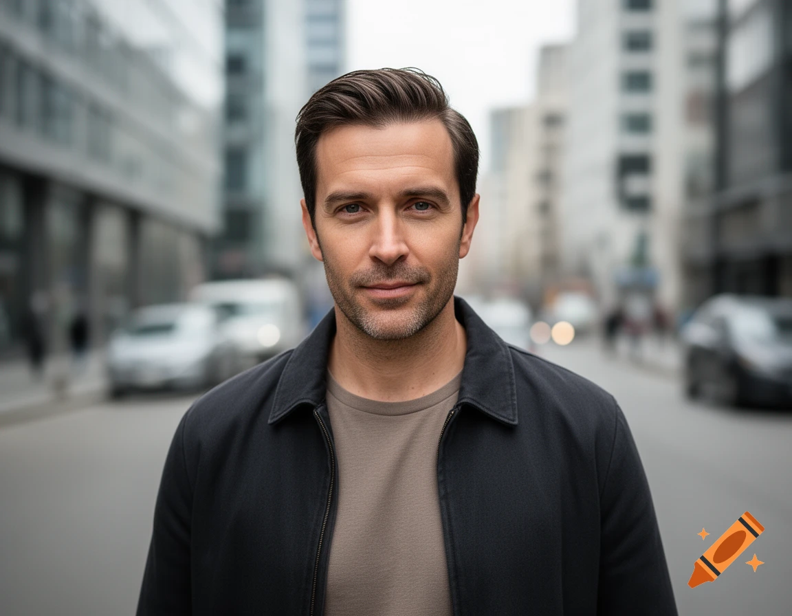 Photorealistic portrait of a middle-aged man with short dark hair and a jacket, standing on a city street.