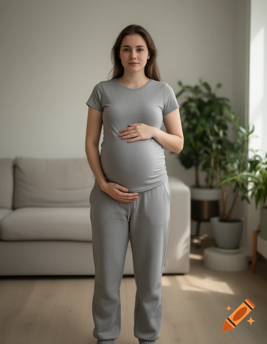 Photorealistic portrait of a young pregnant woman wearing grey loungewear, standing in a brightly lit room.