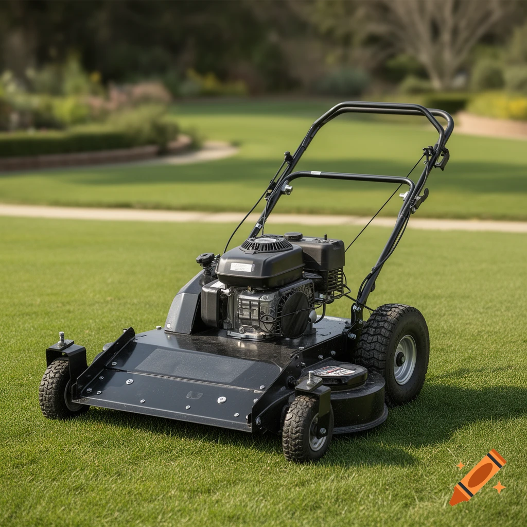 Photorealistic image of a 30-inch commercial push lawn mower on a green lawn.