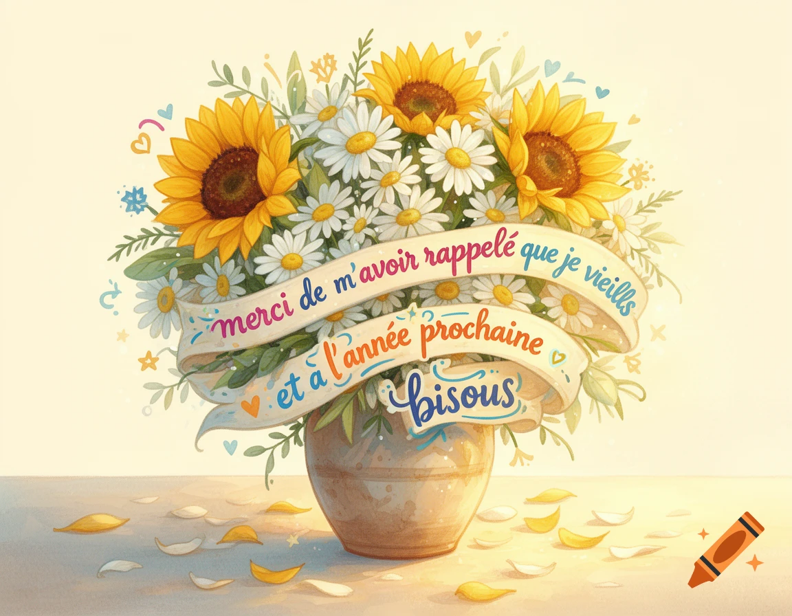 Watercolor illustration of a vase filled with sunflowers and daisies featuring a banner with French text.