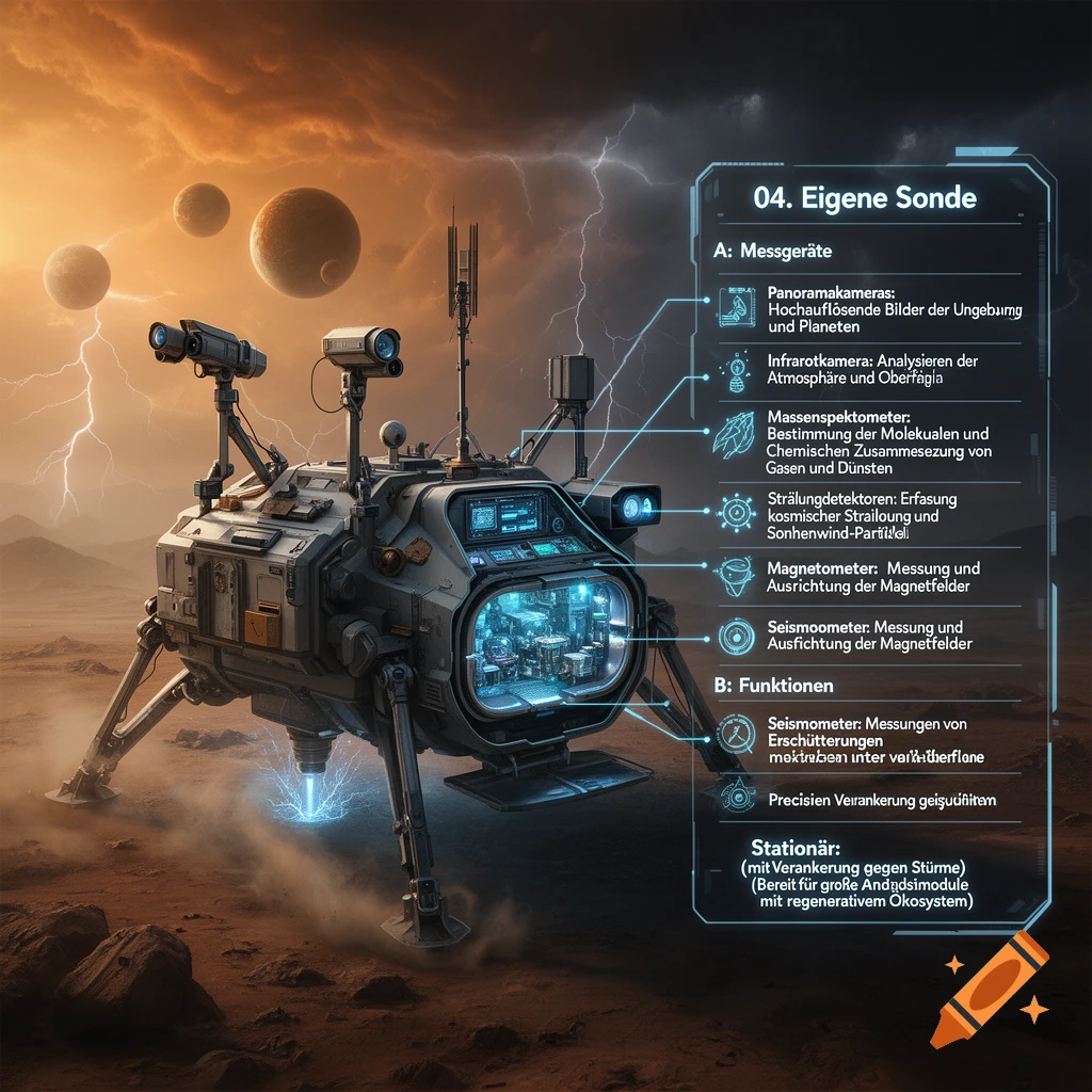 Photorealistic Martian landscape with a complex scientific rover and an overlaid holographic HUD with German text.