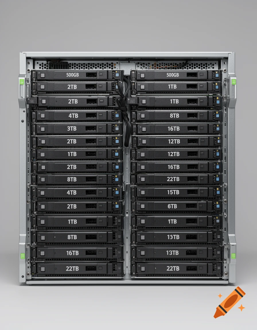 Photorealistic server rack filled with numerous hard drives displaying storage capacities ranging from 500GB to 22TB.