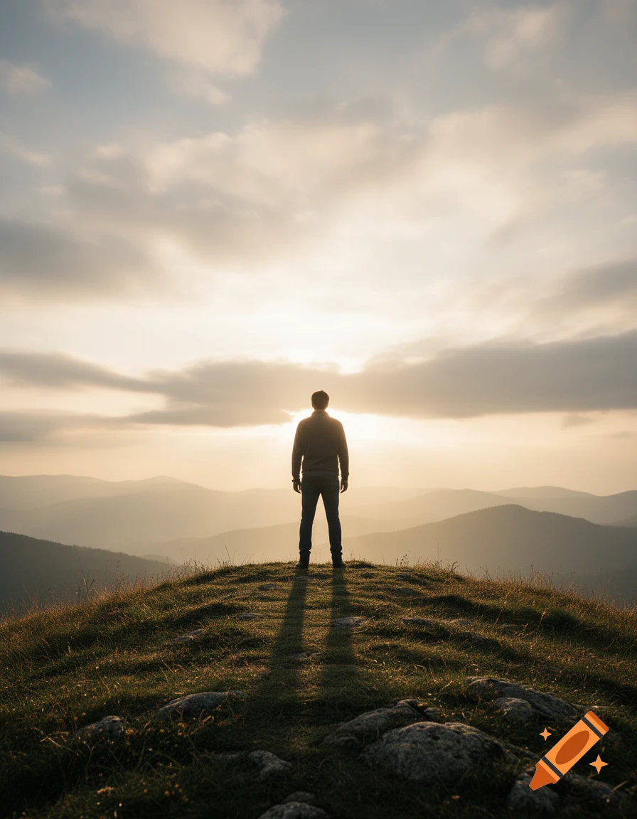 A person standing on a hilltop looking out at a mountain range during a sunset.