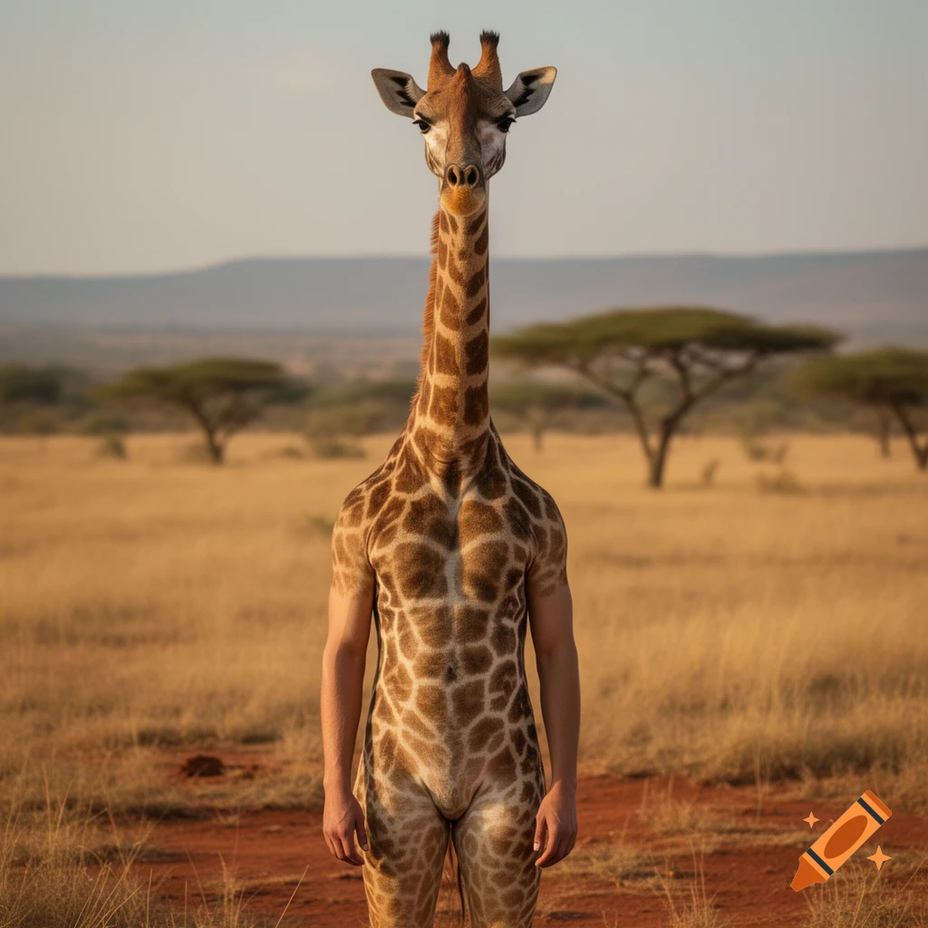Photorealistic image of a giraffe centaur with a human body and a giraffe head standing in an African savanna.