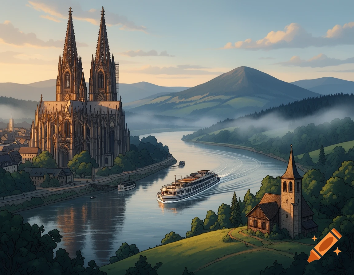 Digital illustration of Cologne Cathedral on a riverbank with a passenger ship and mountains in the background.