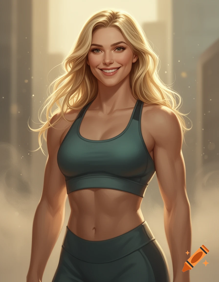 Digital portrait of a smiling blonde muscular woman wearing a green athletic crop top and leggings against a blurred urban background.