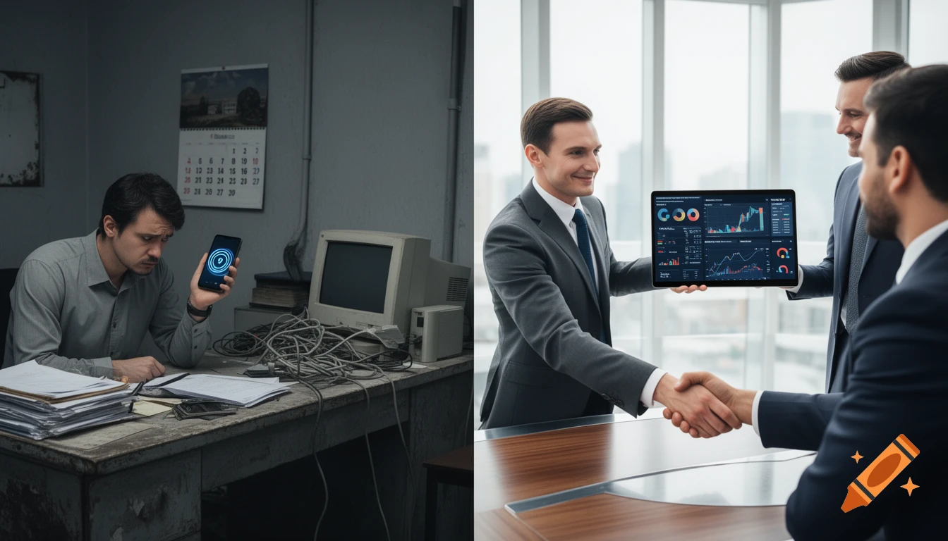 Split image showing a frustrated office worker with old equipment on the left and a modern broker with a tablet shaking hands on the right.