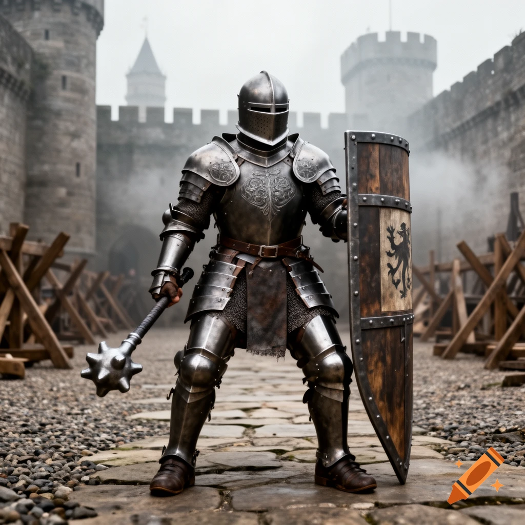 A heavily armored knight in medieval plate armor holding a mace and tower shield in a stone castle courtyard.
