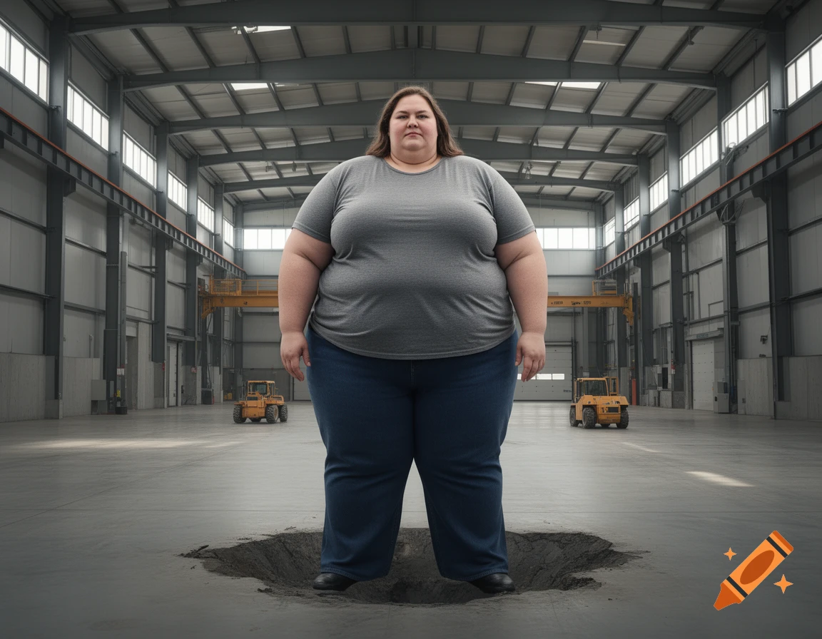 Photorealistic full-body portrait of a heavy woman standing in a large industrial warehouse with a small hole in the concrete floor beneath her.