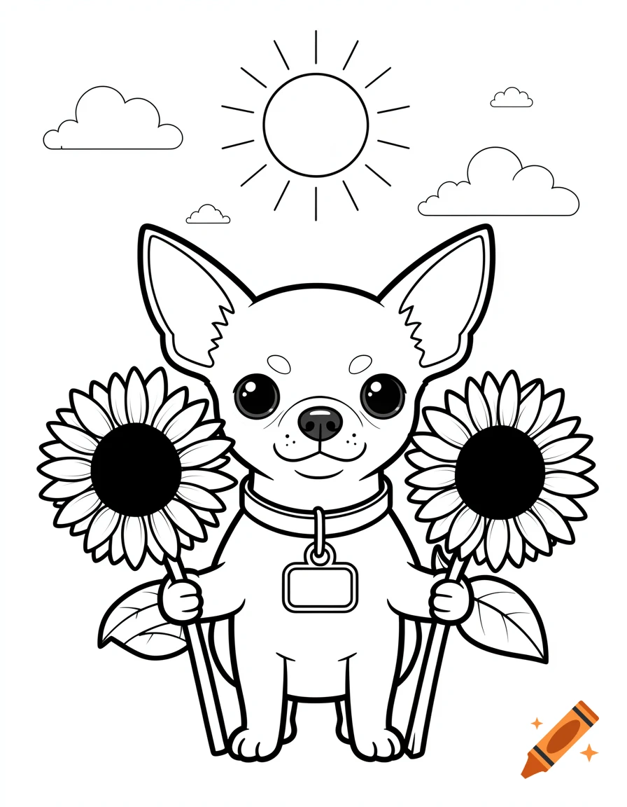Black and white coloring page of a chihuahua wearing a collar and holding two sunflowers, with clouds and a sun in the background.