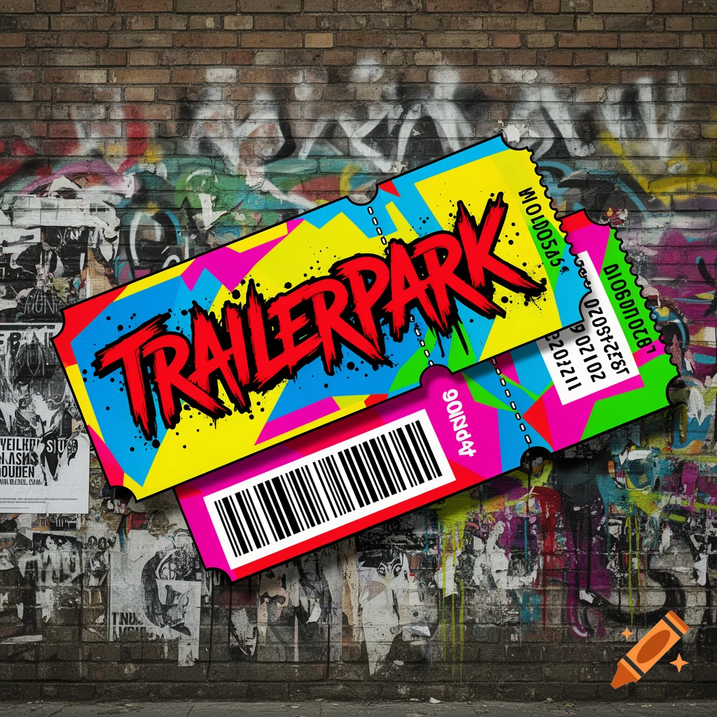 Bold pop-art illustration of two concert tickets with the text TRAILERPARK, overlaid on a gritty urban brick wall covered in graffiti.