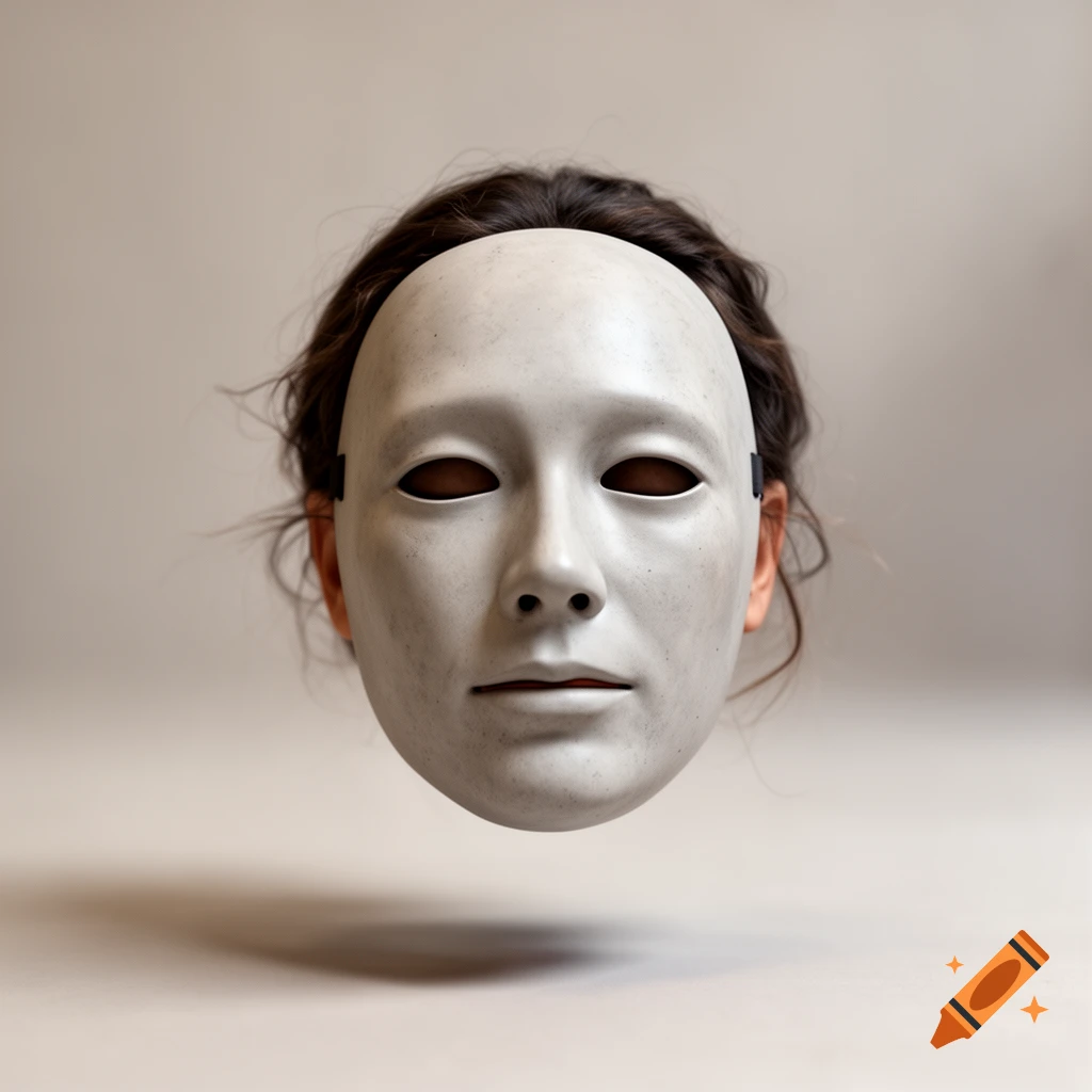 A floating white smooth mask with dark hair in the background against a neutral backdrop.